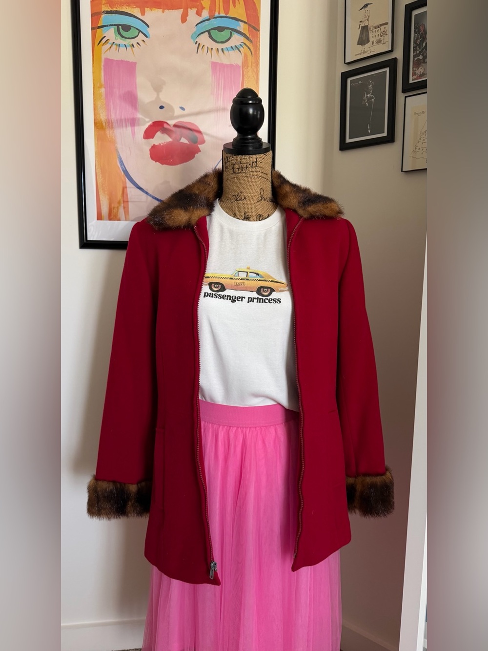 Vintage Red Faux Fur-Trim Coat - Women's Classic Zip Jacket